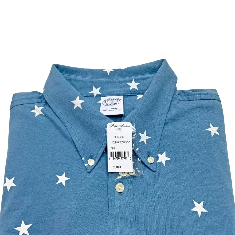 Brooks‎ Brothers Blue Printed White Star Button Down Short Sleeve Shirt